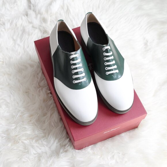Salvatore Ferragamo NEW Ricky White Green Calf Leather Oxfords Size 9.5 2E main image 4